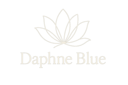 Write Daphne Blue in white font with a transparent background and a sketch of a few lines of a lotus on top but keep it transparent for the background